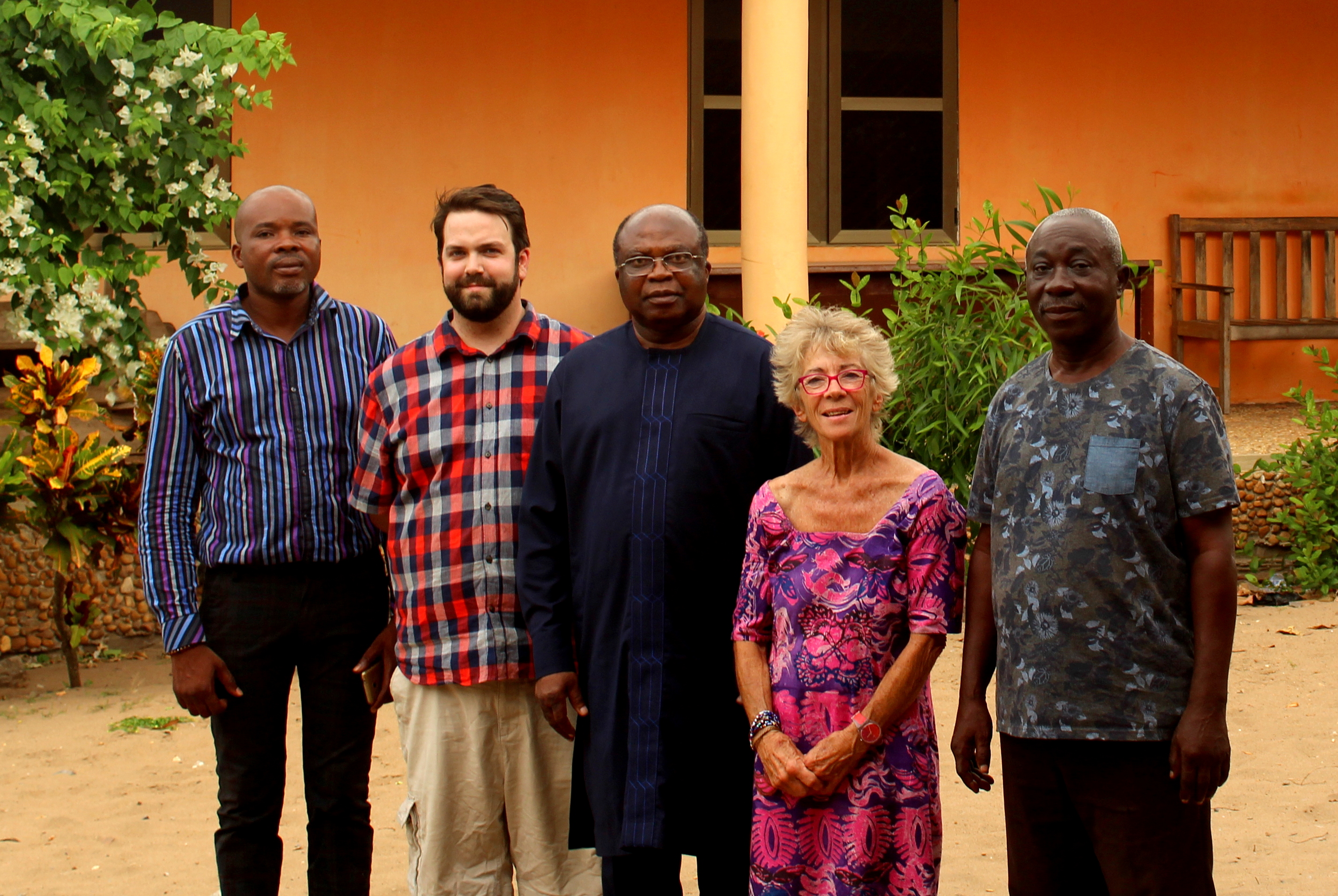 Parliamentary Assistant to local MP Kofi Humado; David Carter of RESCo Solar; local MP Kofi Humado; Peta Hall; Stanley Yeboah, AVTI Manager