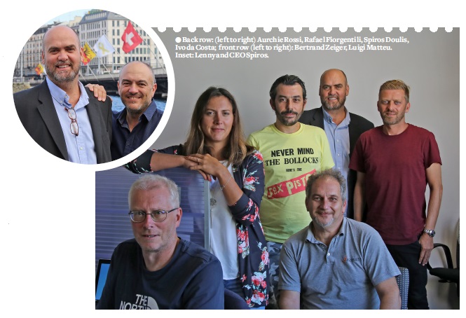 Back row: (left to right) Aurchie Rossi, Rafael Fiorgentili, Spiros Doulis, Ivo da Costa; front row (left to right): Bertrand Zeiger, Luigi Matteu. Inset: Lenny and CEO Spiros.