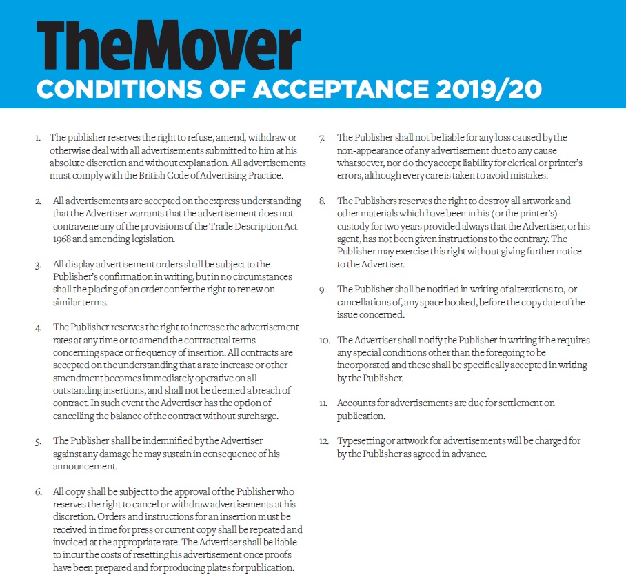The Mover magazine conditions of acceptance 2019-20